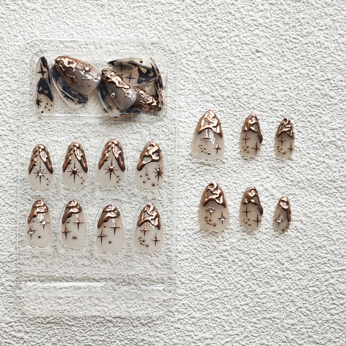 Gold French Tip Press on Nails Short Almond Fake Nails Nude False Nails With 3D Gold Irregularity Chrome Design Glue on Nails Glossy Acrylic Full Cover Star Moon Stick on Nails for Women 24Pcs - Image 5