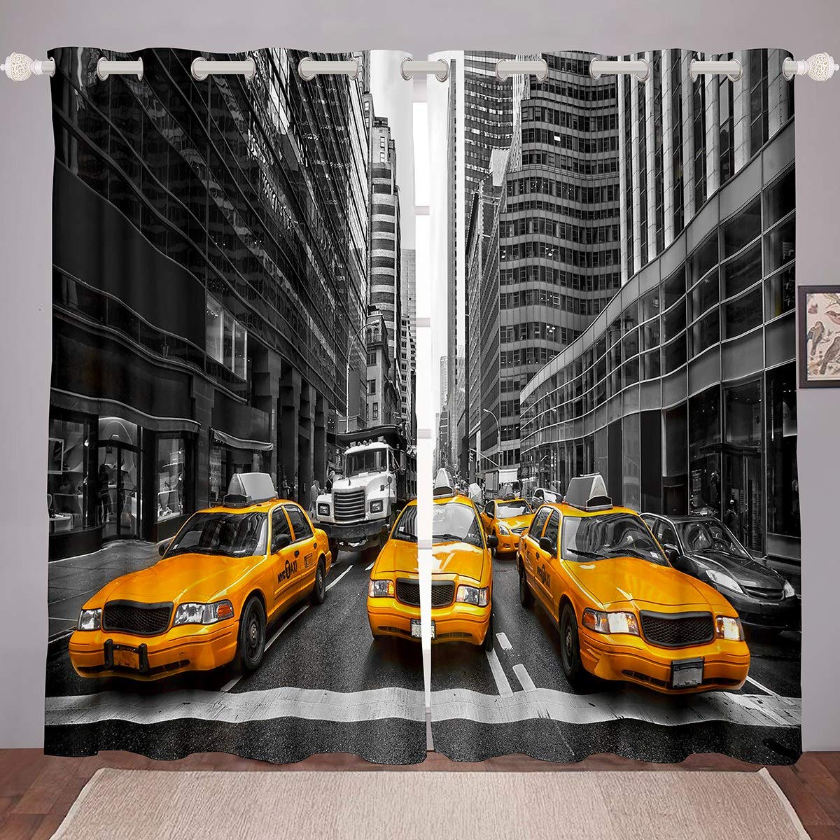 Cityscape Window Drapes Yellow Taxi Car Curtains for Kids Teens Women Men Gray Modern City Building Window Treatments Stain Resistant Room Decor W66*L72