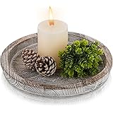 Hanobe Rustic Wooden Serving Tray Round Wood Butler Decorative Tray Whitewash Centerpiece Candle Holder Trays Farmhouse Ottom