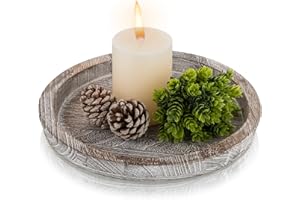 Hanobe Decorative Tray for Coffee Table: Round Candle Plate Holder Centerpieces for Dining Room Kitchen - Wooden Farmhouse Tray Vintage Home Decor
