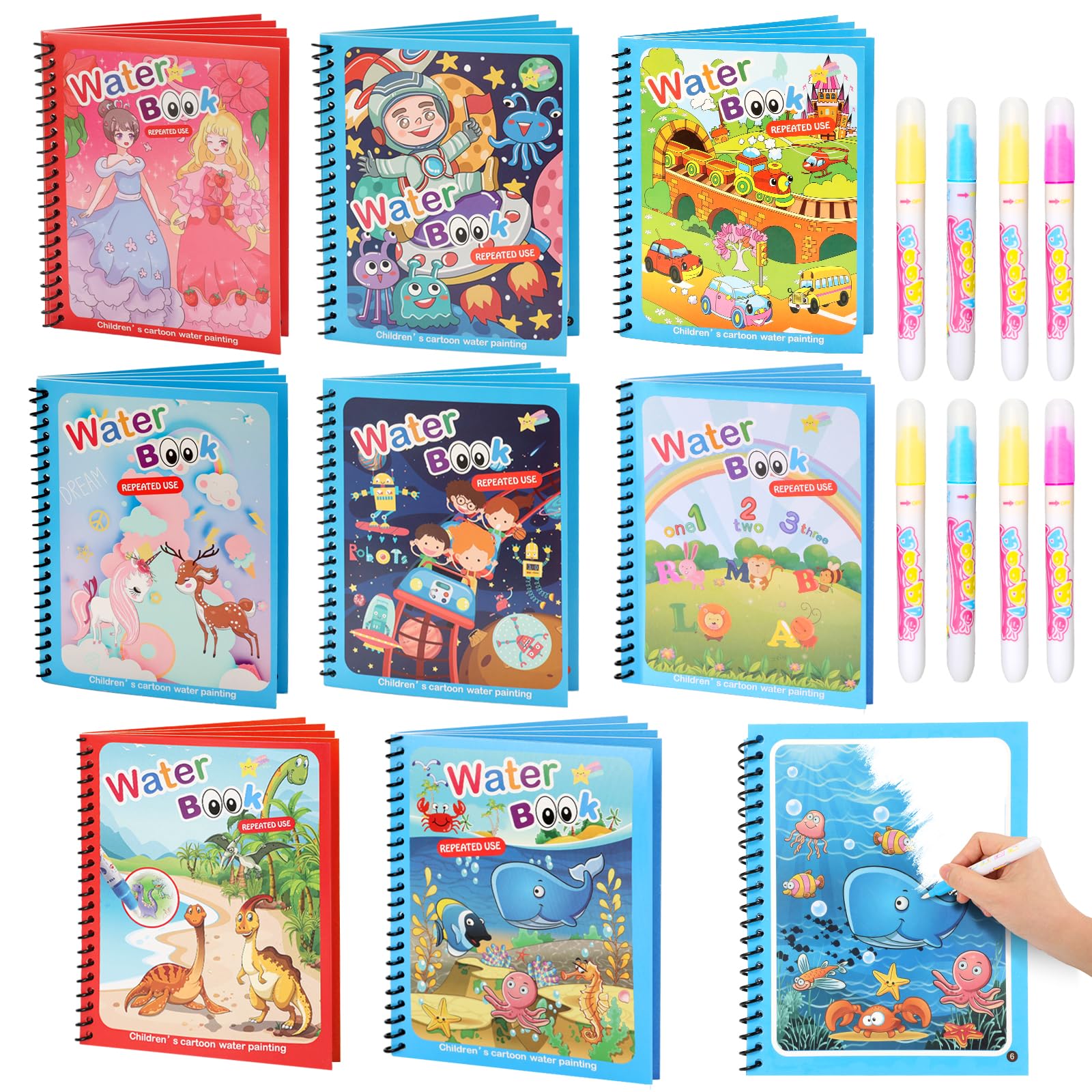 CMTOOP 8 Pack Reusable Water Coloring Books for Toddlers, Paint with Water Books,Mess-Free Coloring Book, Portable Educational Doodle Drawing Toy, Improving Children's Imagination, Color Perception