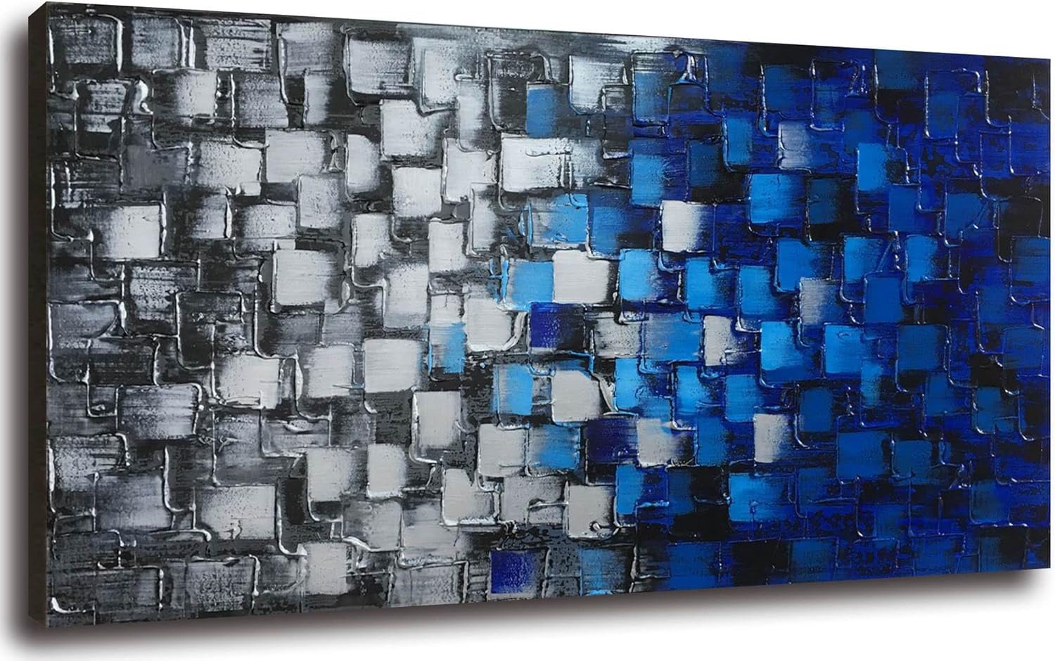 Paintings - Large Textured Abstract Squares Canvas Wall Art Handmade Blue and Silver Oil Painting Picture Framed Ready to Hang Home Decoration 60x30inch
