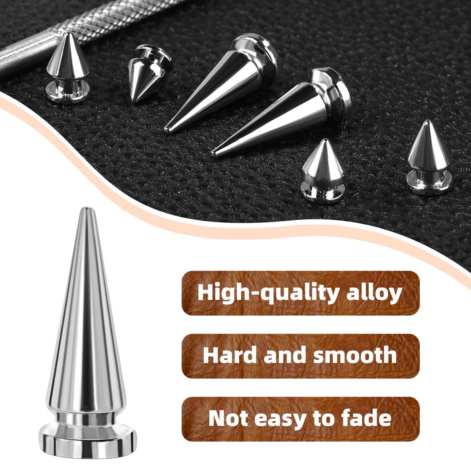 180 Pieces Multiple Sizes Cone Spikes, Screwback Studs Rivets, 3 Sizes Metal Tree Spikes Studs for Punk Style Clothing Accessories DIY Craft Decoration (Silver)