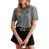 Arach&Cloz Women's Puff Short Sleeve Shirts 2025 Summer Crew Neck Sequin Cute Crop Tops Trendy Casual Pullover