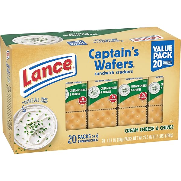 LANCE SANDWICH CRACKERS, CAPTAIN’S WAFERS CREAM CHEESE AND CHIVES, 20 PACKS, 6 SANDWICHES EACH