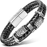Enjoy Risingsun Viking Leather Bracelet For Men Balck Cool Handmade Stackable Jewelry, Faith and Courage Bangle Bracelets