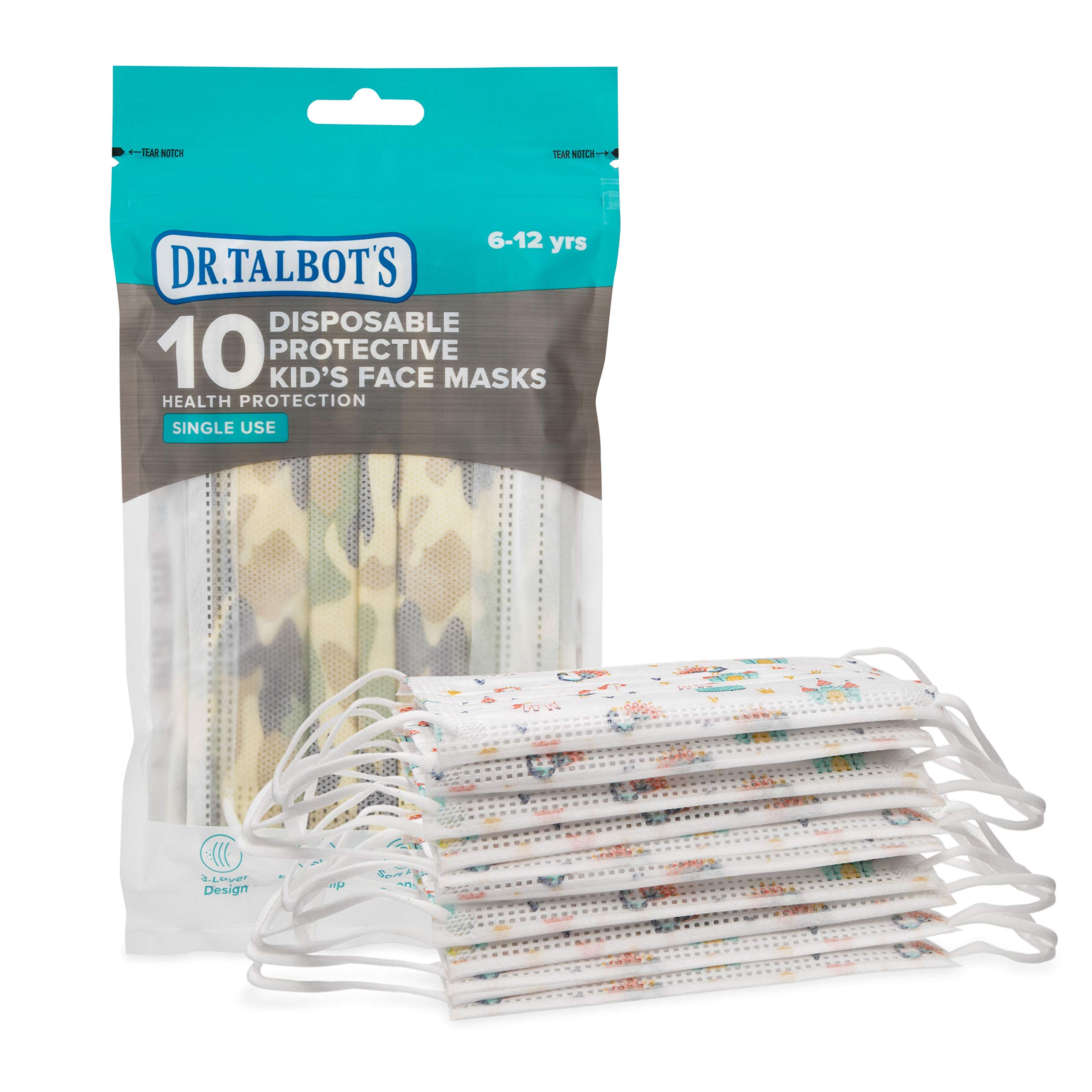 Dr. Talbot's Disposable Protective Face Masks for Boys 2-5 Years - 10-Count - Disposable 3-Layer Single Use Face Masks with Easy-Bend Nose Clip and Soft Ear Loops