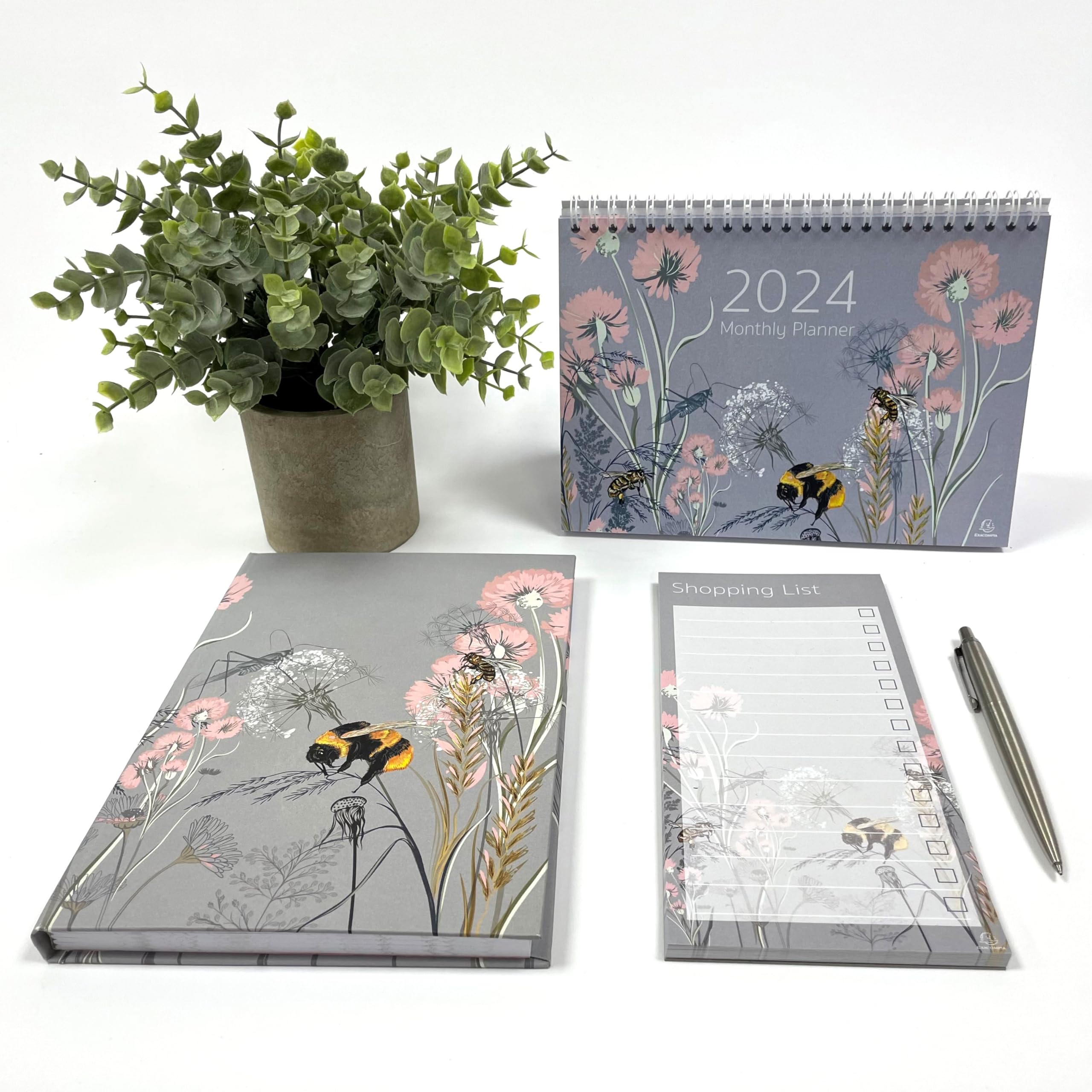 Exacompta - Ref GS035Z 2024 Organisation Bundle - Contains an A5 Size Journal, Desk Top Calendar (Month per View) and a Shopping List Notepad in a Bee & Flower Design