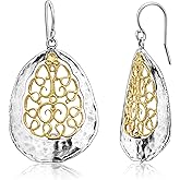 Jean Rachel Jewelry Mixed Metal Two Tone Earrings for Women – Lace Dangle Earrings – 925 Sterling Silver & 14K Gold Over Silver – Teardrop Hammered Hypoallergenic Design