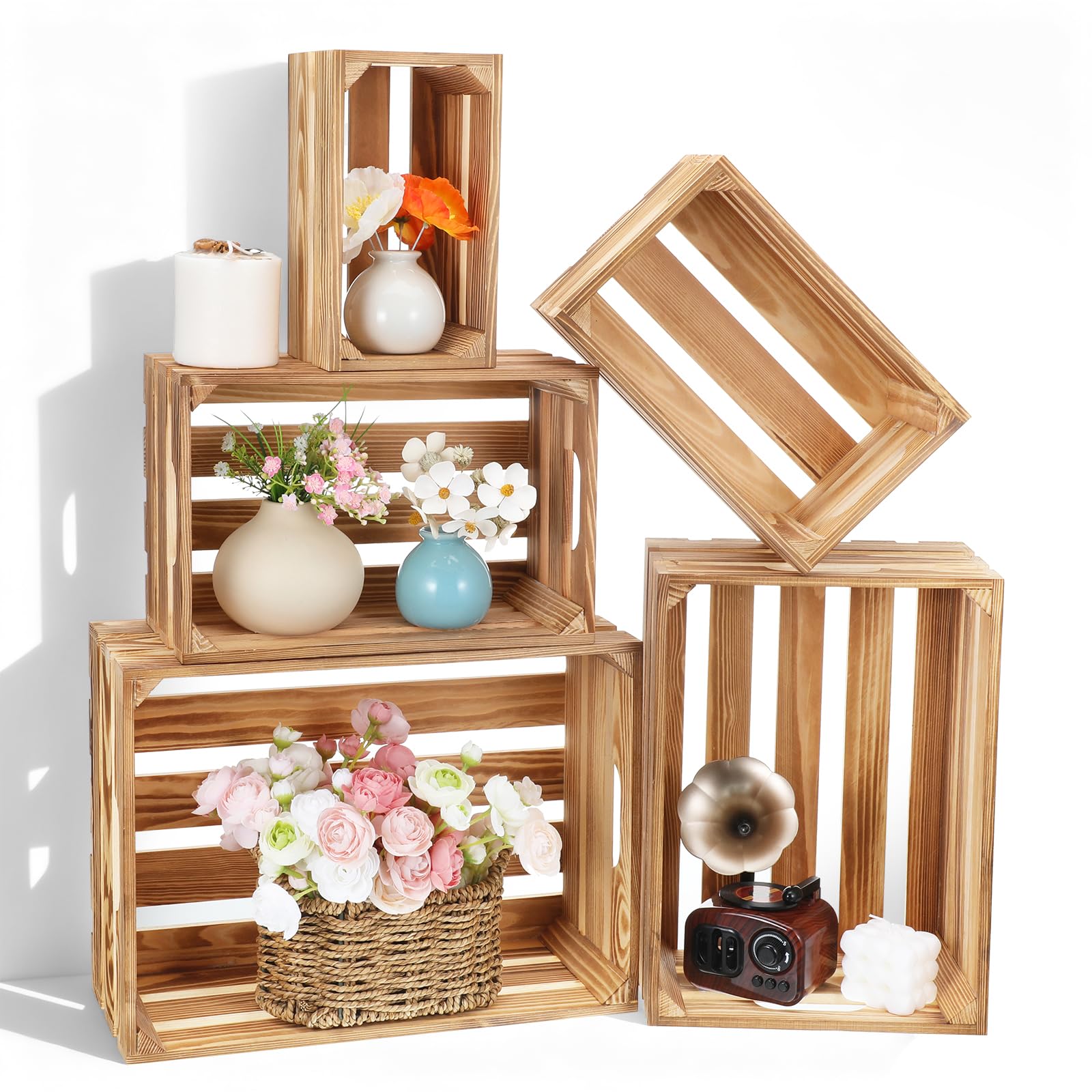 Photo 1 of Lyksgir 5 Pcs Decorative Nesting Wooden Crates for Storage Display Rustic, Large Torched Wood Storage Crates, Large Farmhouse Wooden Basket with Handle for Storages Container and Decorations, 5 Size