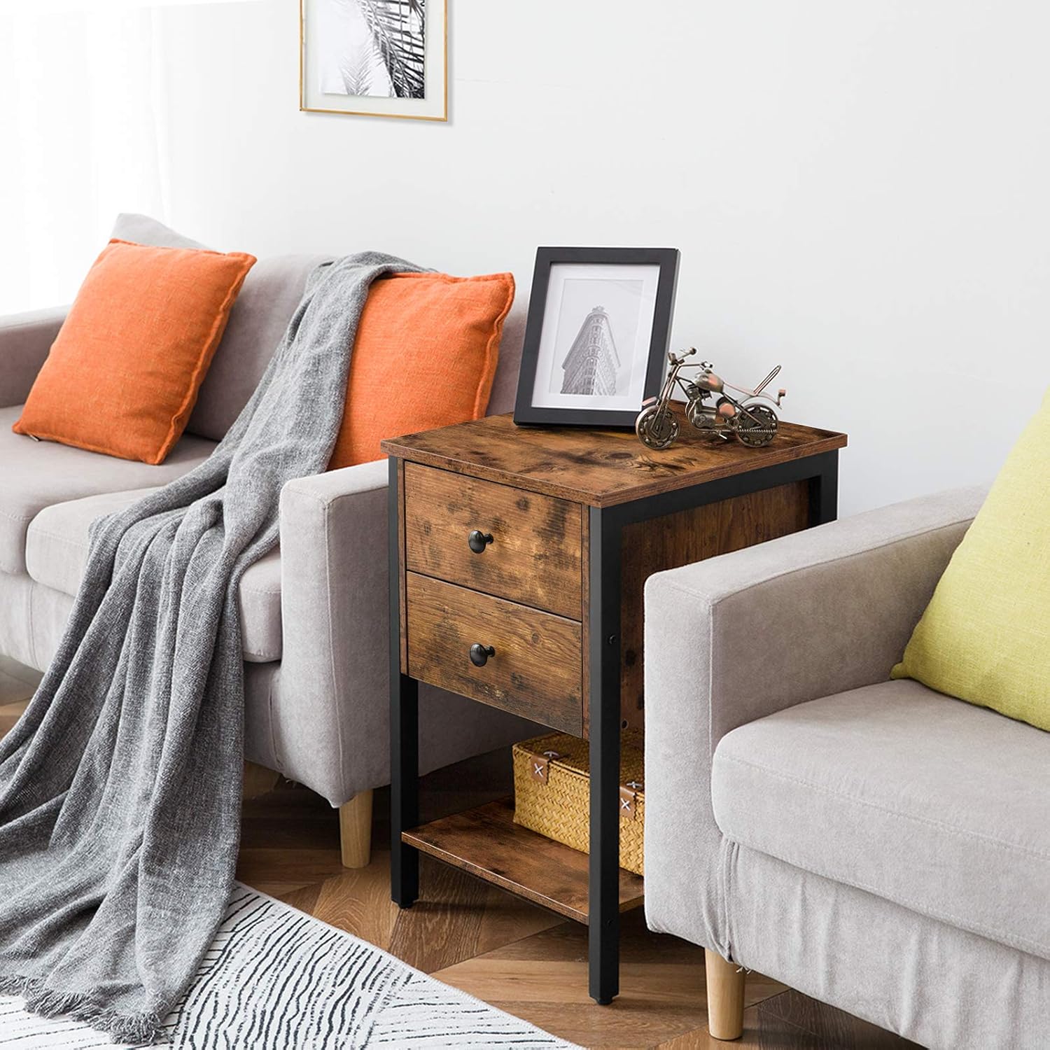 HOOBRO Nightstand with 2 Drawers and Open Shelf, Industrial Square End Table for Storage, Bedside Table in Living Room, Bedroom, Easy Assembly, Wooden Look with Metal Frame, Rustic Brown BF47BZ01: Home & Kitchen