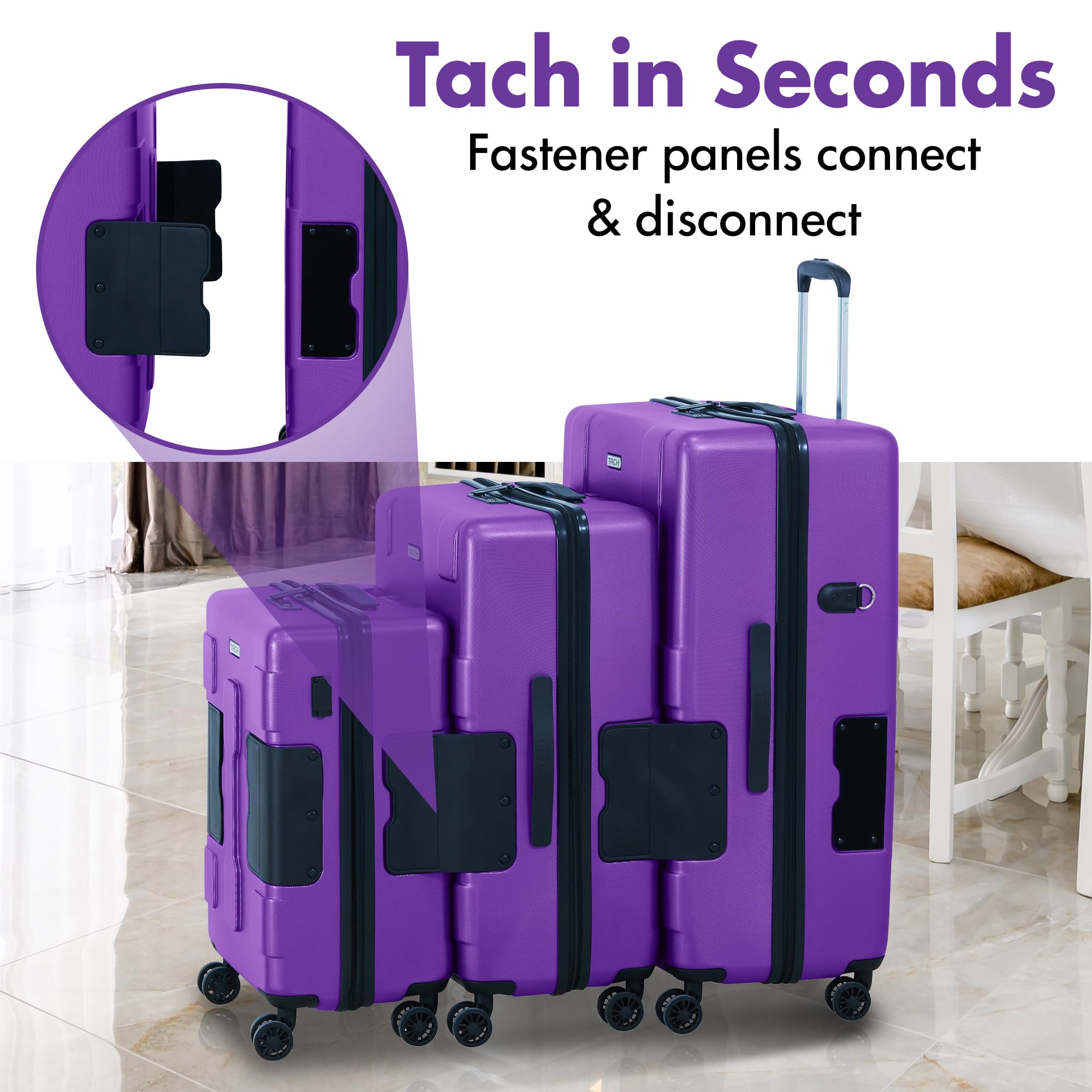 Tach V3.1 Hard Shell 3 Piece Luggage Set - 20, 24 & 28 inch Luggage | Carry On, Medium & Large Checked Suitcases | Patented Built-In Connecting System | Rolling Suitcase Links 9 Bags (Purple)