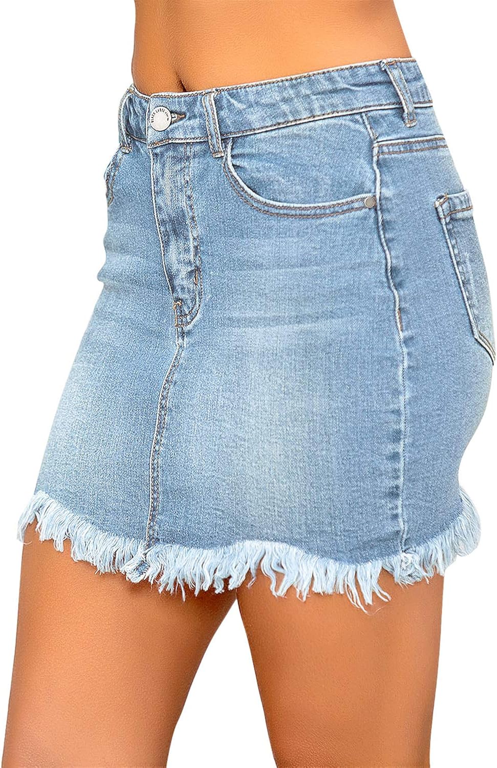 luvamia Women's Casual Mid Waisted Washed Frayed Pockets Denim Jean Short Skirt: Clothing
