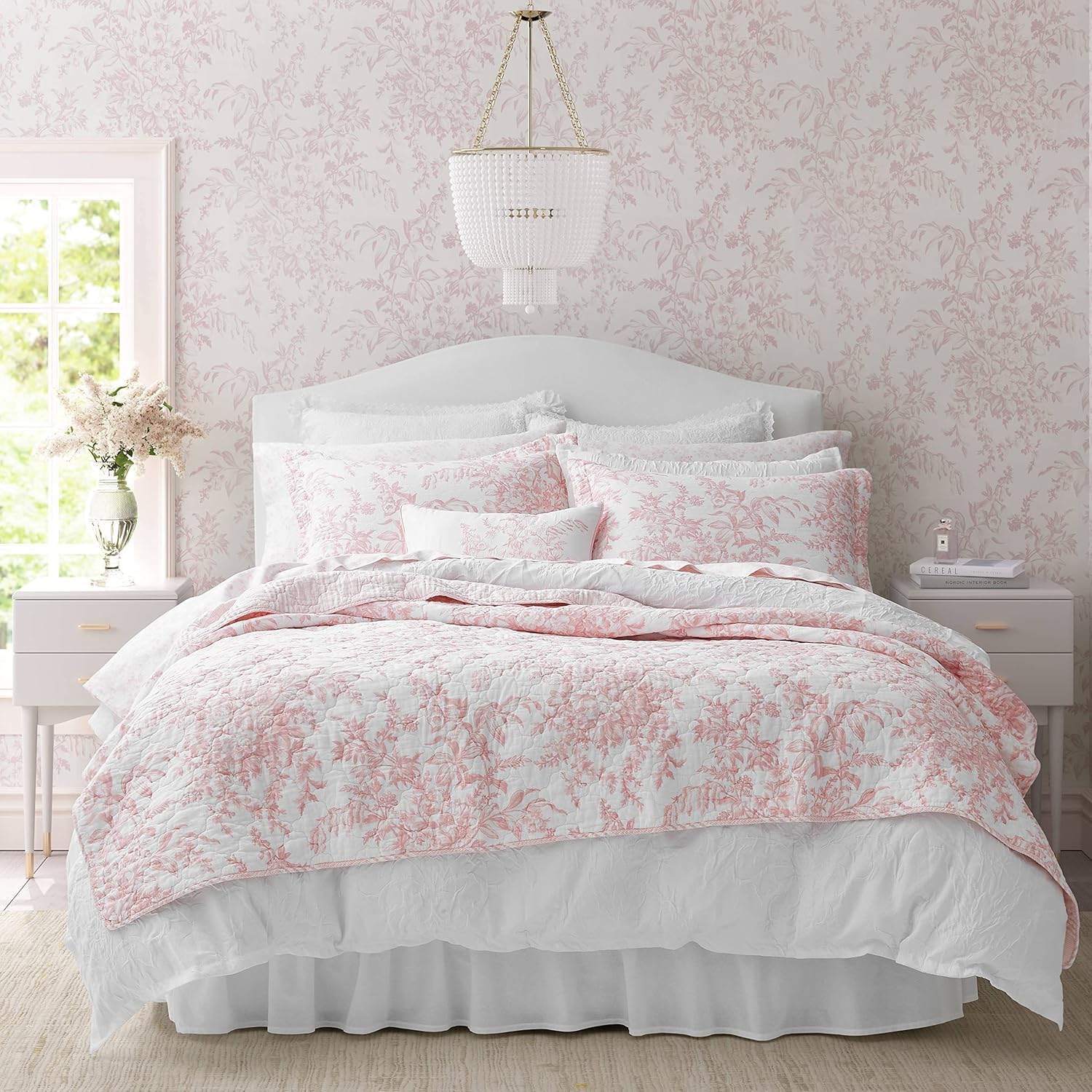 Photo 1 of Laura Ashley - Queen Quilt Set, Soft & Reversible Cotton Floral Bedding with a Medium Weight Feel, 3 Piece Bed Set with Matching Pillowcases (Bedford Pink)