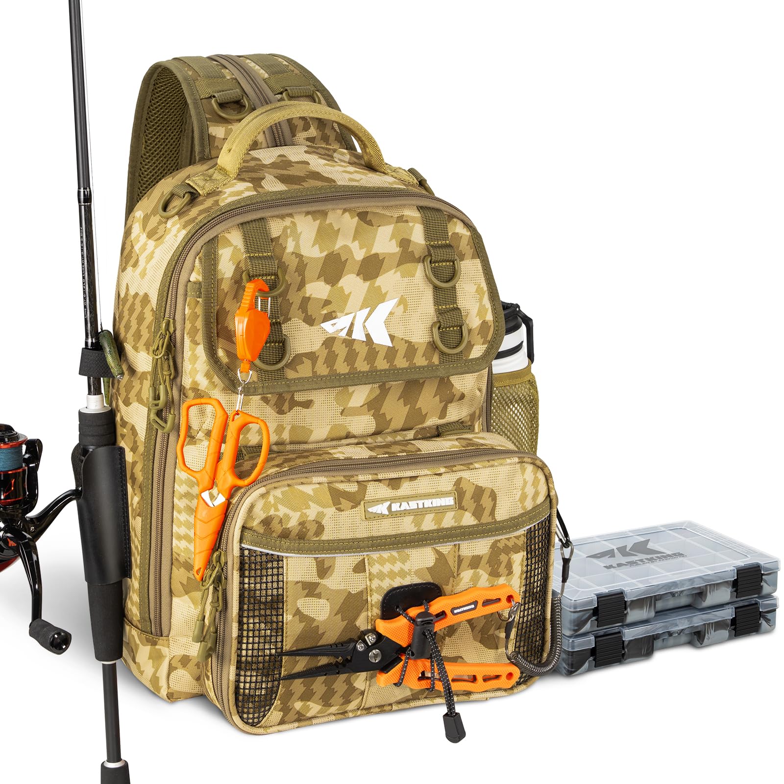 KastKing BaitSpace Fishing Tackle Bag, Water-resistant Tackle Storage with 2 Black Camo Tackle Boxes & Detachable Soft Bait Binder, Adjustable Backpack for Bank, Wading, & Boat Fishing Image