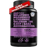 12-in-1 Melatonin Sleep Capsules - Natural Sleep Aids for Adults with Melatonin 5mg and Magnesium Glycinate 500mg, Sleep Aid with Ashwagandha, L Theanine, Valerian Root, GABA, 5-HTP (90ct, Pack of 1)