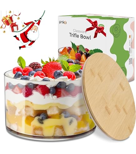 NiHome 123oz Large Glass Trifle Bowl With Elegant Acacia Wood Stand, Versatile Serving Dish For Cakes, Salads, Desserts, Stylish Display For Parties, Weddings, Special Occasions, Durable Easy To Clean