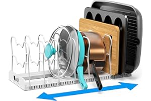 Simple Houseware Expandable Pan Organizer Rack, 10 Adjustable Compartments, White - Kitchen Cabinet Organizer for Pots, Pans,