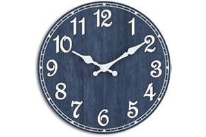 HYLANDA Wall Clock, 10 Inch Wall Clocks Battery Operated Silent Non Ticking, Round Wooden Rustic Clocks Decor for Kitchen, Bathroom, Living Room, Home, Bedrooms, Office (Navy Blue)