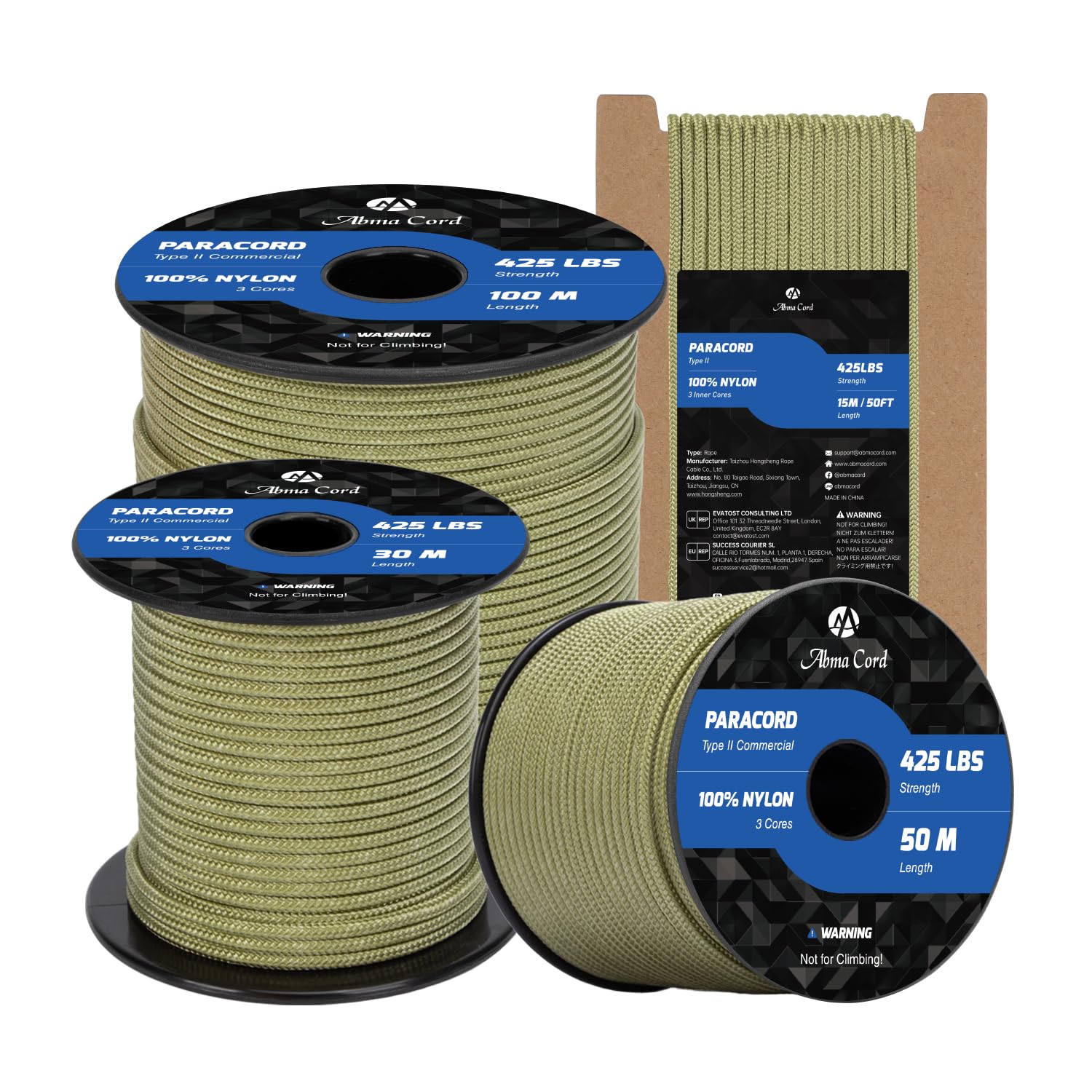 Abma Cord Paracord 3mm 100m 100% Nylon Rope Type II 3 Strands Parachute Cord - Max. 192kg (425lbs) - Holy Guacamole