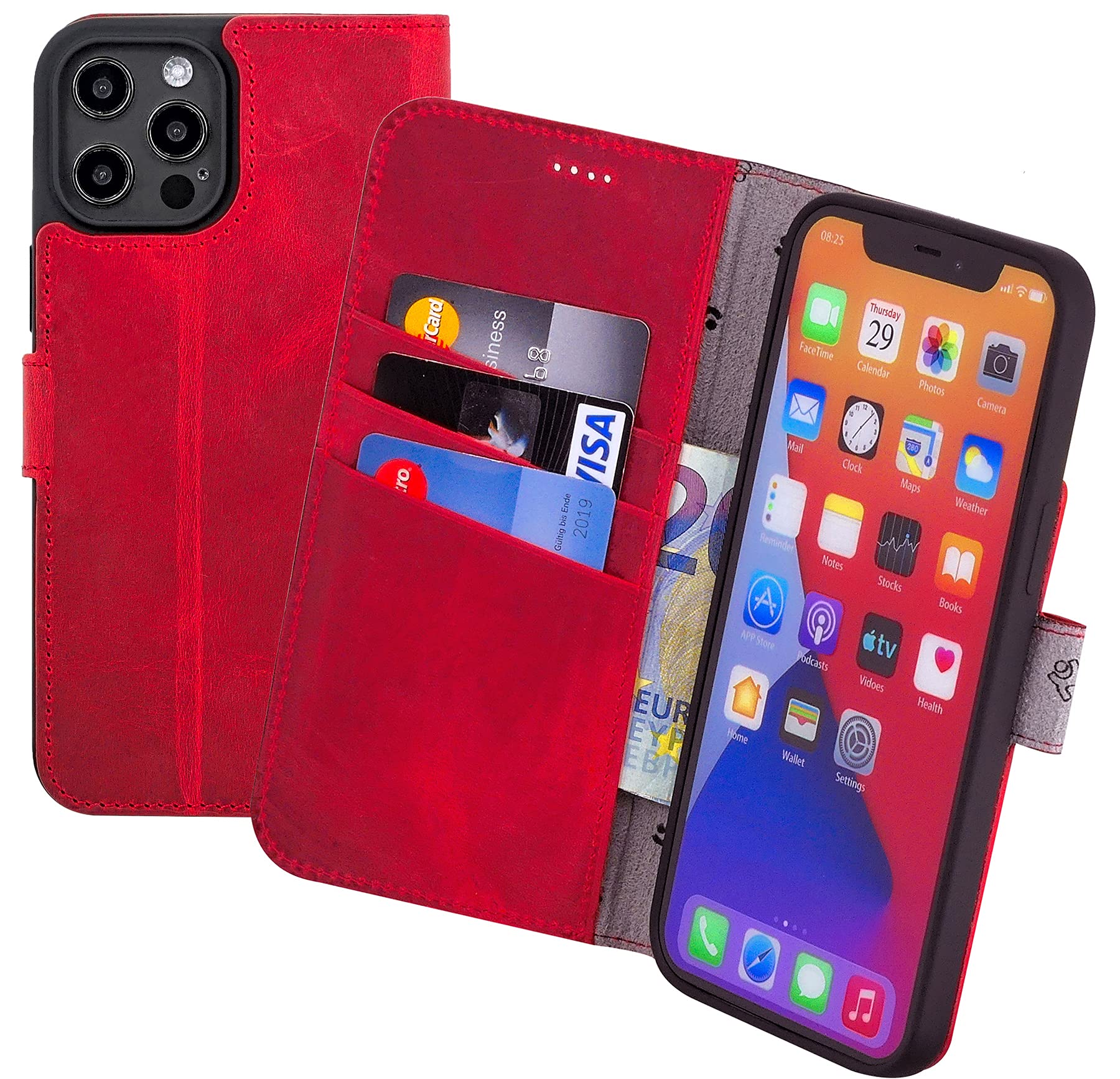 Suncase Book-style case compatible with iPhone 12 Pro (6.1 inch) leather case (slim fit) leather mobile phone case protective case with 3 card slots in antique red
