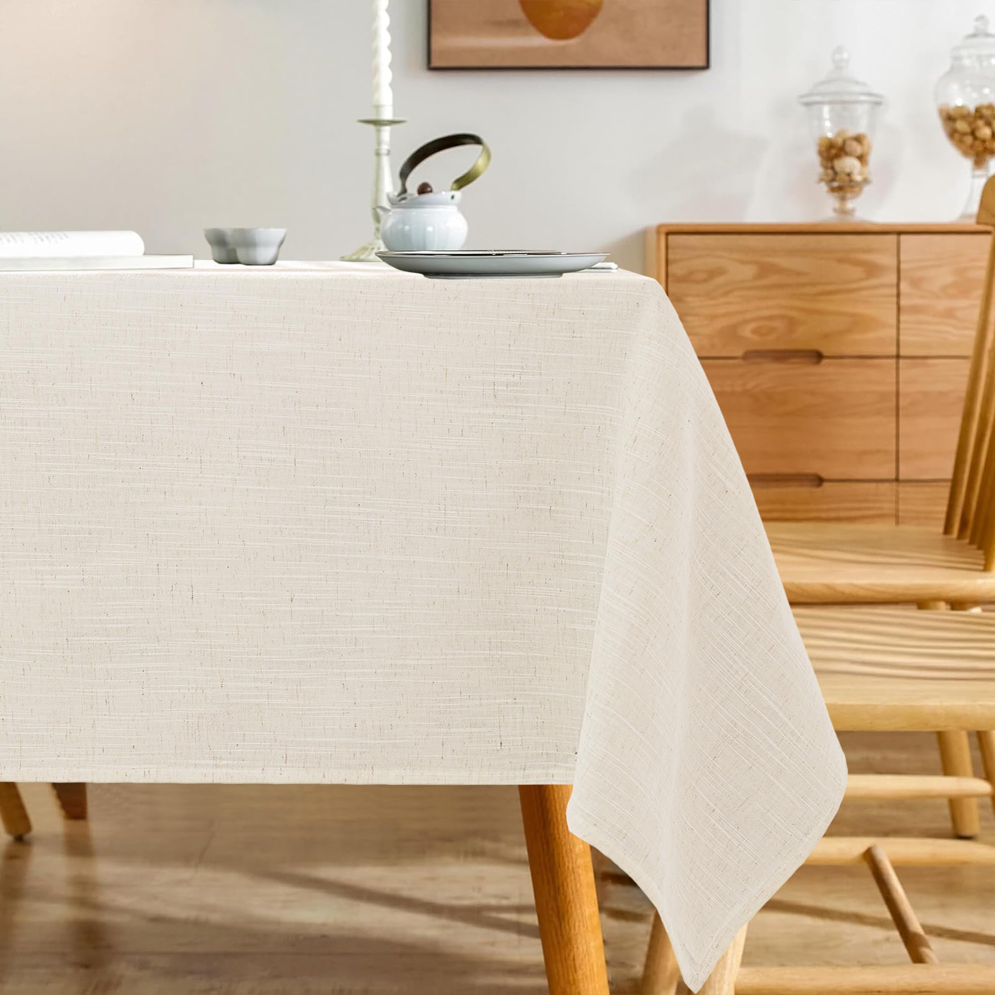 Photo 1 of Karseteli Natural Linen Rectangle Tablecloth, 2 Pack Slubby Textured Fall Lightweight Table Cloth 60 x 84 Inch, Water Resistant Stain Resistant Farmhouse Burlap Table Cover for Kitchen Dining Room