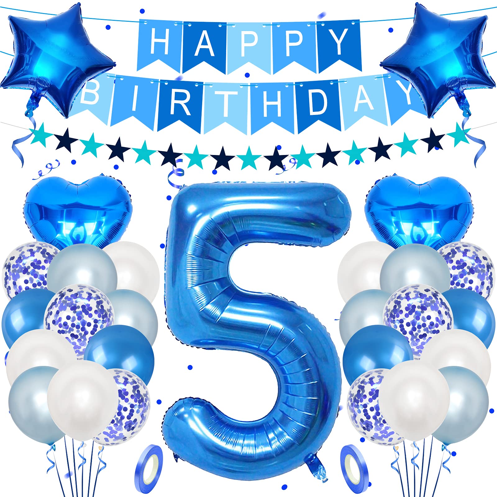 Unisun 5th Birthday Decorations for boy, 40 inch Helium Foil Balloon Number 5 Light Blue White Confetti Latex Balloons, Happy Birthday Banner with Ribbon for 3 Year Kid Birthday Party Supplies