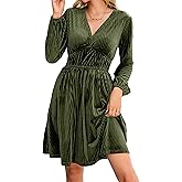 R.Vivimos Womens Fall Winter Velvet Striped Mini Dress 2026 Long Sleeve V Neck Elastic High Waist Elegant Casual A-Line Dress
