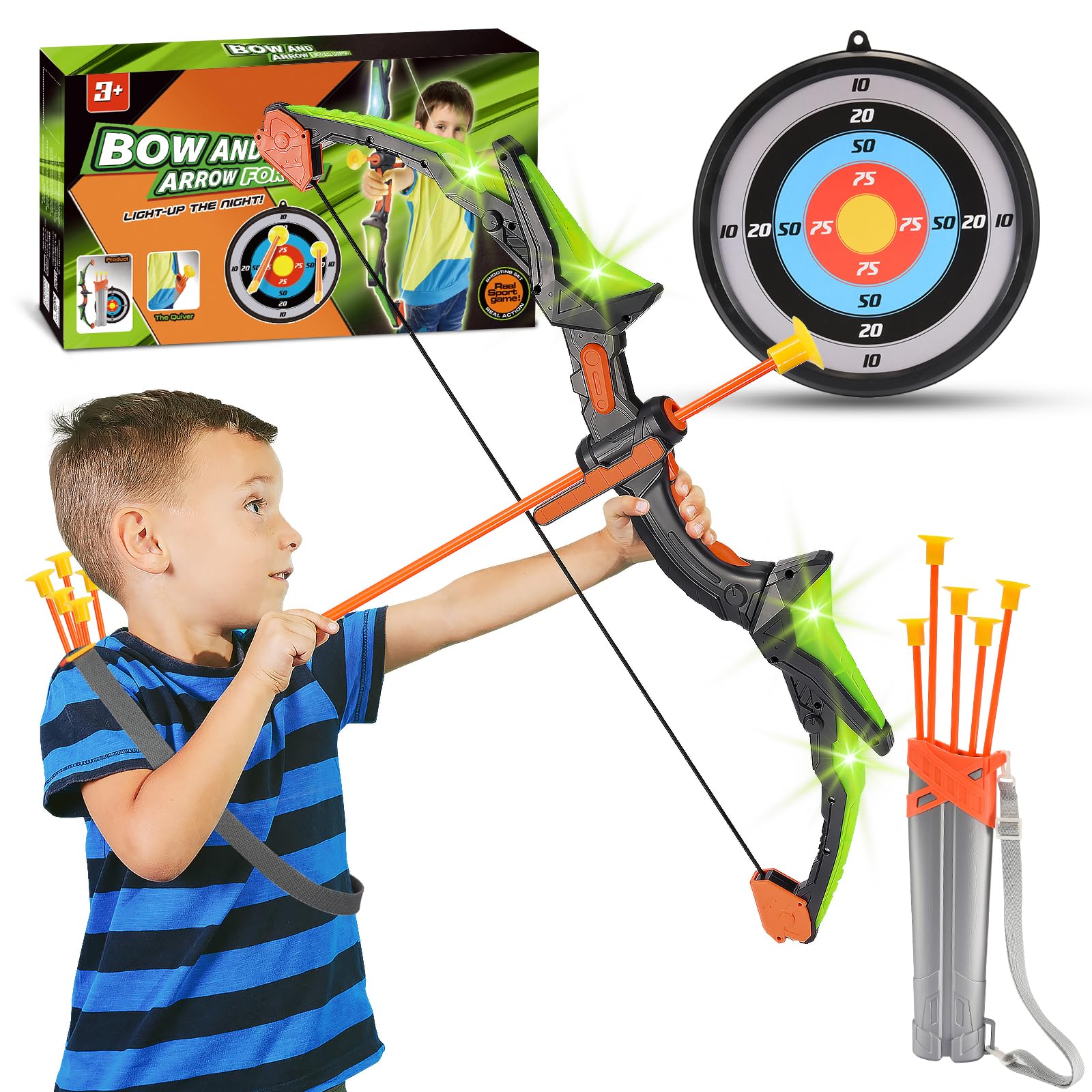 Photo 1 of LED Light-Up Bow & Arrow Set for Kids - Outdoor Archery Game with Target, Bows & 5 Suction Arrows | STEM Toys for Kids Ages 4-12, Birthday for Boys Girls Indoor Outdoor Toys
