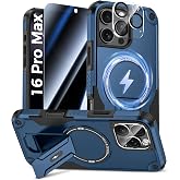 Goton 3 in 1 for iPhone 16 Pro Max Case with Privacy Screen Protector Blue | Glass Camera Lens Protector,Compatible for MagSafe,Invisible Kickstand, Shockproof Phone Cover for iPhone 16 Promax