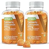 Turmeric Curcumin Gummies with Ginger & Black Pepper Herbal Supplement, 2000mg, Immune Support, Healthy Skin, and Joint Health, Vegan, Pectin Based, for Adults and Teens - Chewable Peach Flavor(2Pack)