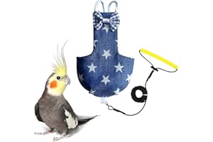 VANTRONIK VANFAVORI Bird Diaper Harness Flight Suit Clothes with 80 Inch Flying Leash Rope for Parrots Conure Cockatiel Pet Birds Weight 75-99 Grams, Denim Star, Including A Cotton Pad