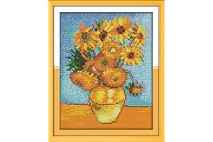 IUHUI 14 Count Stamped Cross Stitch Kits for Beginners Adults, Sunflower of Van Gogh Pre-Printed DIY 14ct Embroidery Sewing S