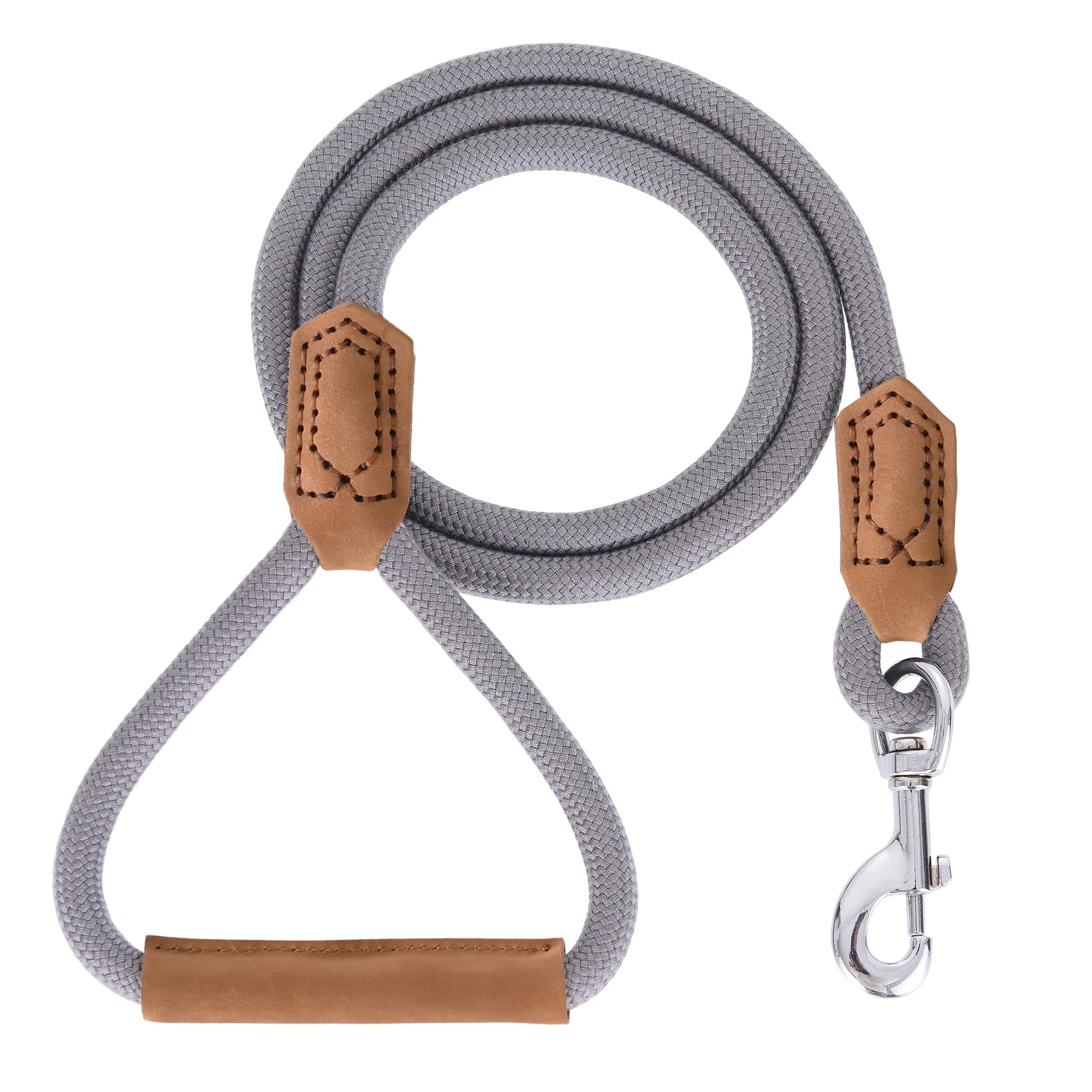 Mile High Life | Premium Leather Dog Leash | Strong Rope Leash | Leather Handle | Zinc Alloy Strong Clasp | Small Medium Large Dogs | 4/5/6 Feet (60 Inch, Gray) — image 1