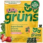 Gruns Multivitamin for Kids, Super Greens Gummies, Superfood Gummy Bears with 20+ Vitamins & Minerals, Spirulina, Chlorella, Alfalfa, Prebiotics Fiber for Digestive Health, Adaptogens Supplement, 28ct