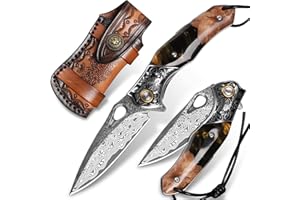 Minowe handmade Japan Damascus steel pocket knife，3.1" VG10 blade men and women Folding knife，With holster，Lining lock，resin and Maple handle，Suitable for EDC outdoor camping，go fishing hunting