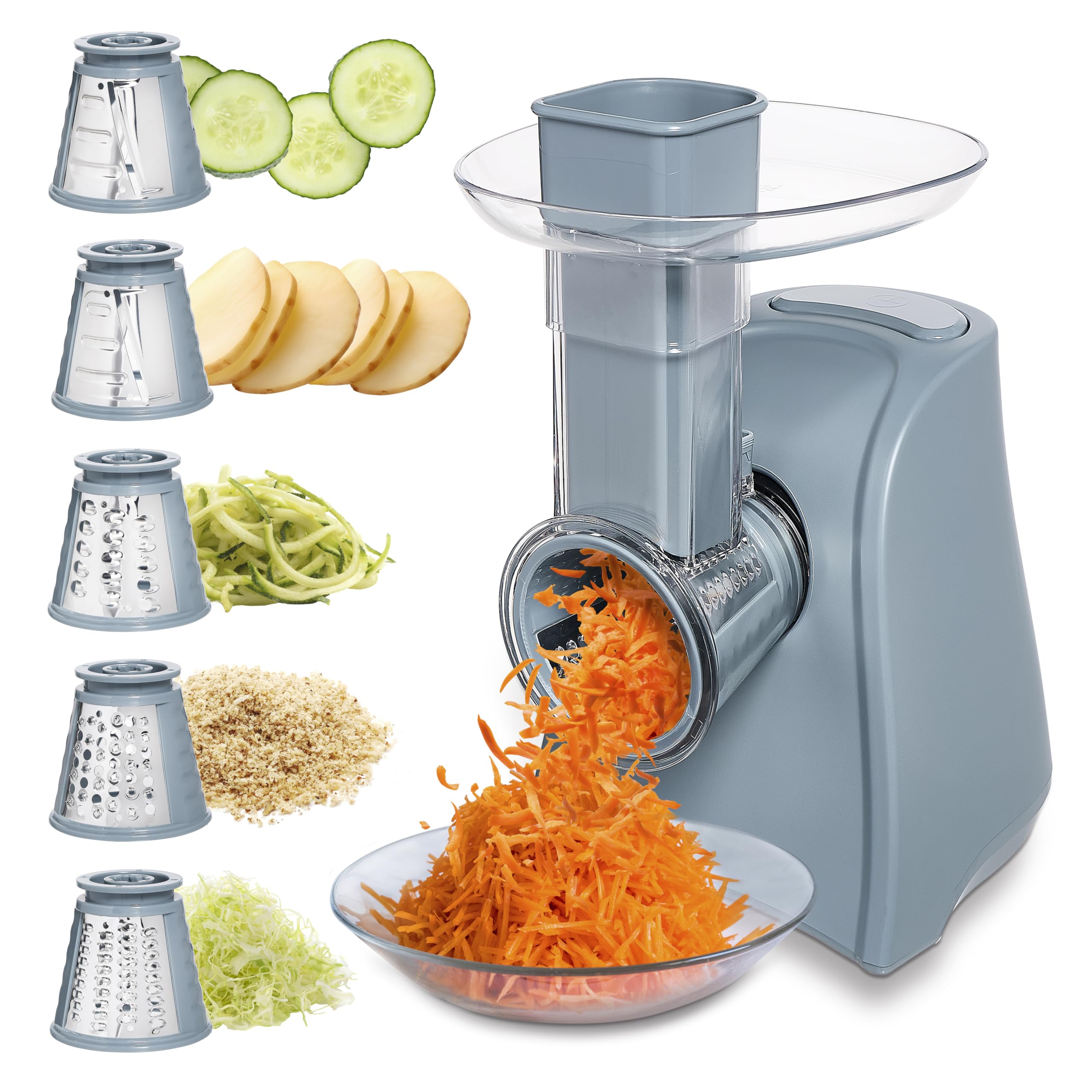 Photo 1 of COOK WITH COLOR 5-in-1 Electric Slicer, 150W Food Prep Machine – Parmesan Shredder, Fine & Coarse Graters, Potato Grater, Vegetable Slicer, Compact Design for Bowl Prep, Blue/Grey