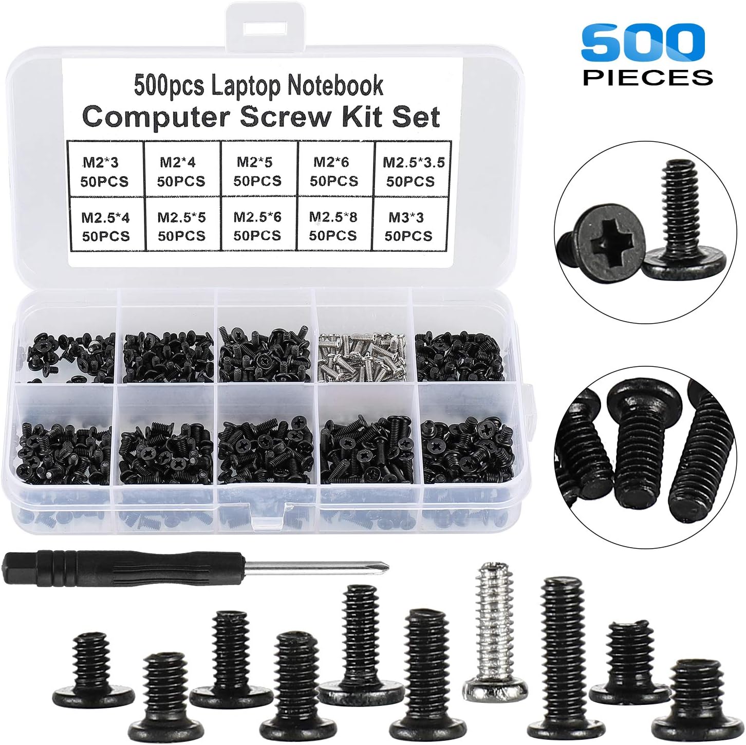 FandWay 500Pcs M2 M2.5 M3 Laptop Notebook Computer Screws Kit,Phillips Flat Head Screws - Image 3
