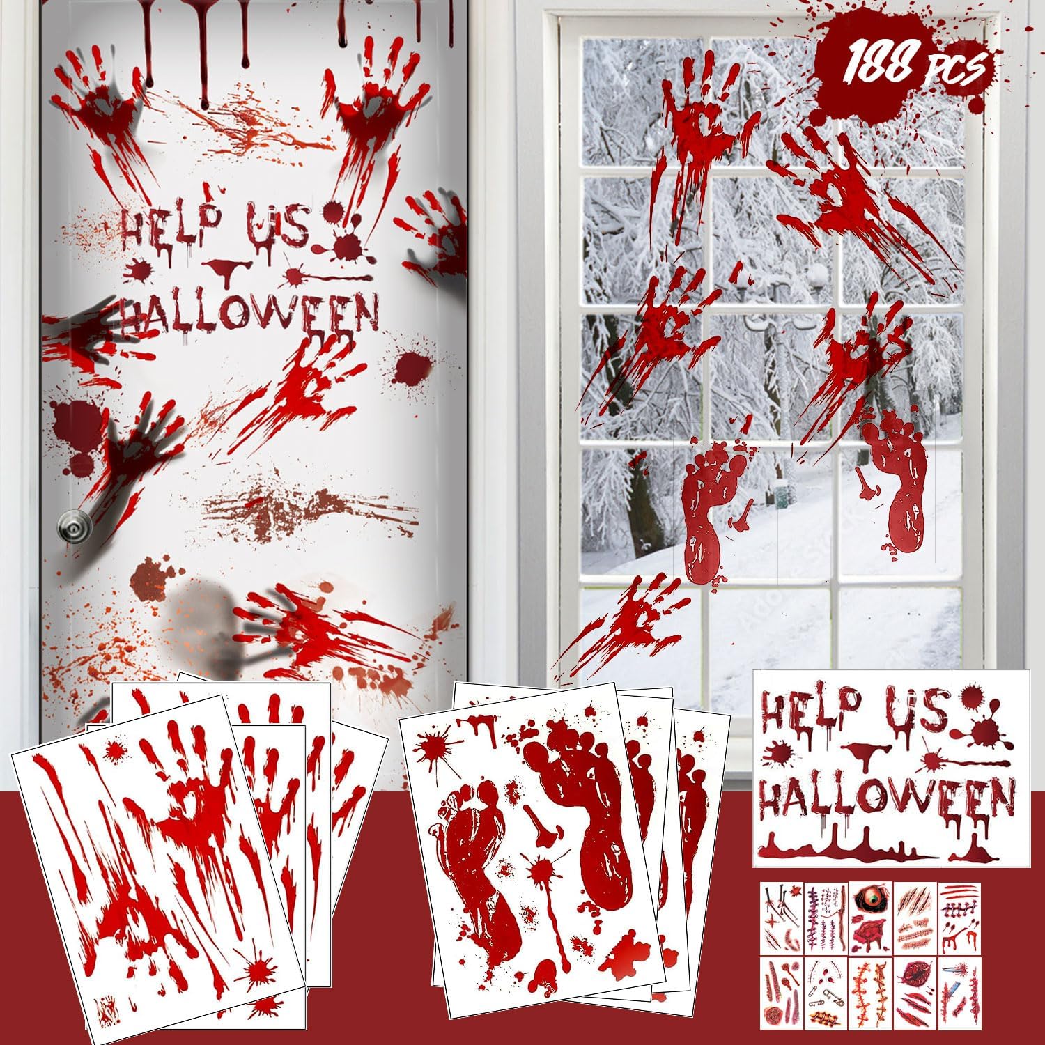 Window Treatments - Halloween Decorations 188PCS Halloween Window Clings, 9 Sheets Bloody Handprint Footprint Halloween Wall Decal Floor Clings with Tattoo Stickers, Scary Halloween Window Decorations