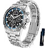 SEENERO Watches for Men Luxury Stainless Steel Quartz Sports Fashion Dress Chronograph 3ATM Waterproof Watch with Moonphase Luminous Dial Perfect Mens Gifts Available in Black/Blue Or Silver/Blue