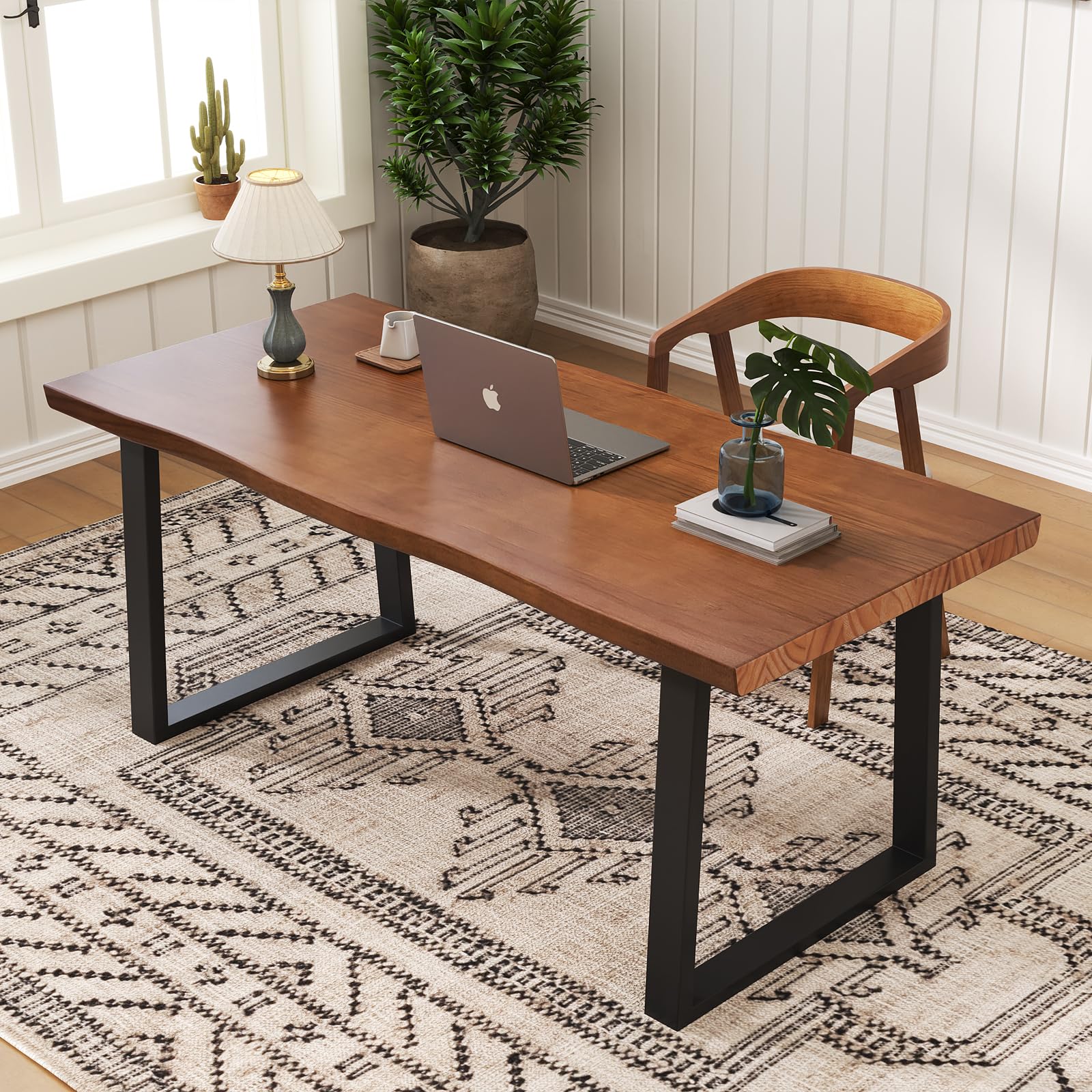 Photo 1 of wangbochuan Solid Wood Administrative Computer Desk - Rustic Style Large Office Desk, Modern Minimalist Workstation for Home, Ideal for Learning, Writing, and Professional Use (Dark Yellow, 62.99in)