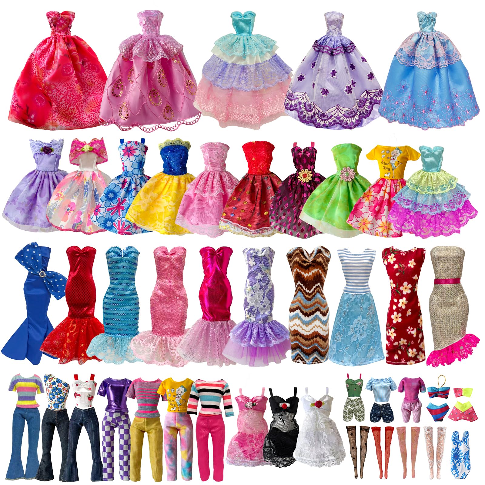 19 Pcs Doll Clothes and Accessories for 11.5 Inch Girl Dolls Outfit, Random 3 Stylish Dresses, 4 Tops, 4 Pants, 3 Evening Dresses, 1 Wedding Dress, 2 Swimsuits, 2 Pairs of Stockings