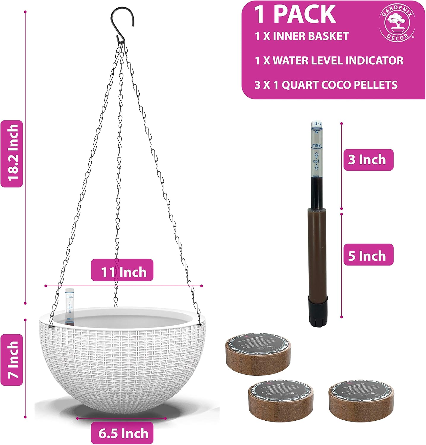 11'' Self Watering Hanging planters for Indoor Plants - Flower Pot with Water Level Indicator for Plants, Hanging pots - Self Watering Planter Plant Pot- Coco Coir - Round 1 Pack – White: Kitchen & Dining
