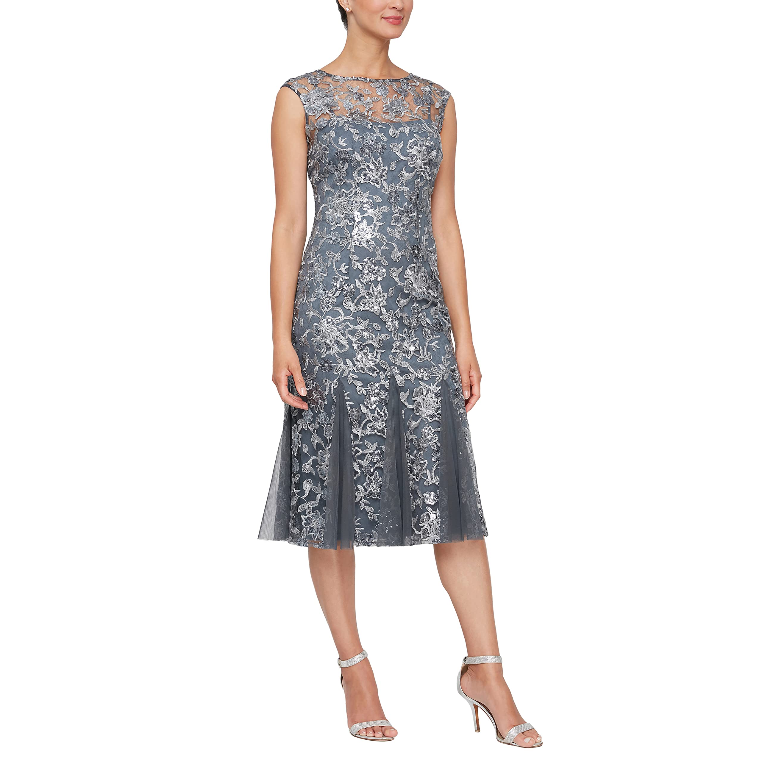 Alex Evenings Women’s Short Embroidered Cocktail Dress, Wedding Guest (Petite and Regular Sizes), Pewter, 4