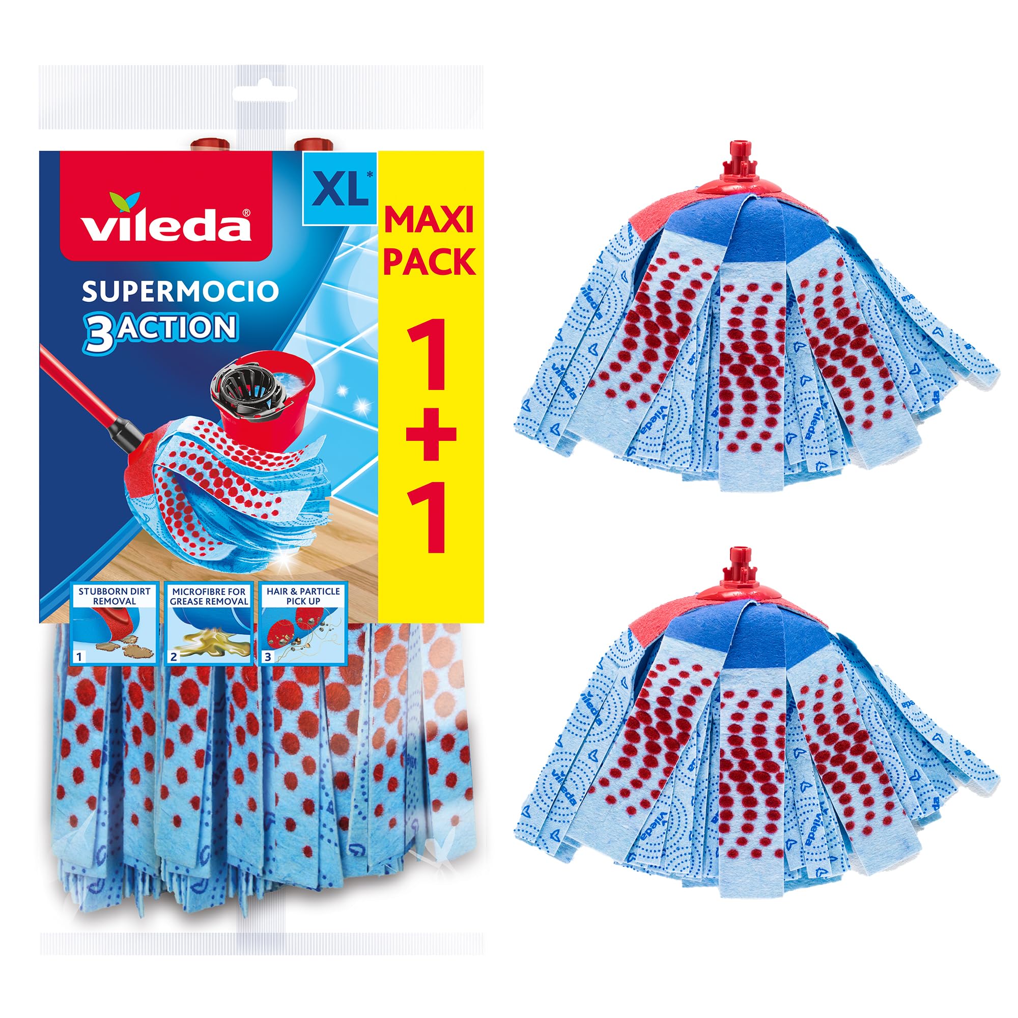 Vileda SuperMocio 3Action XL Mop Refill - Pack of 2 - Fits all SuperMocio Mops- Authentic Vileda Mop Head Replacement - Machine Washable - Advanced Microfibre Technology