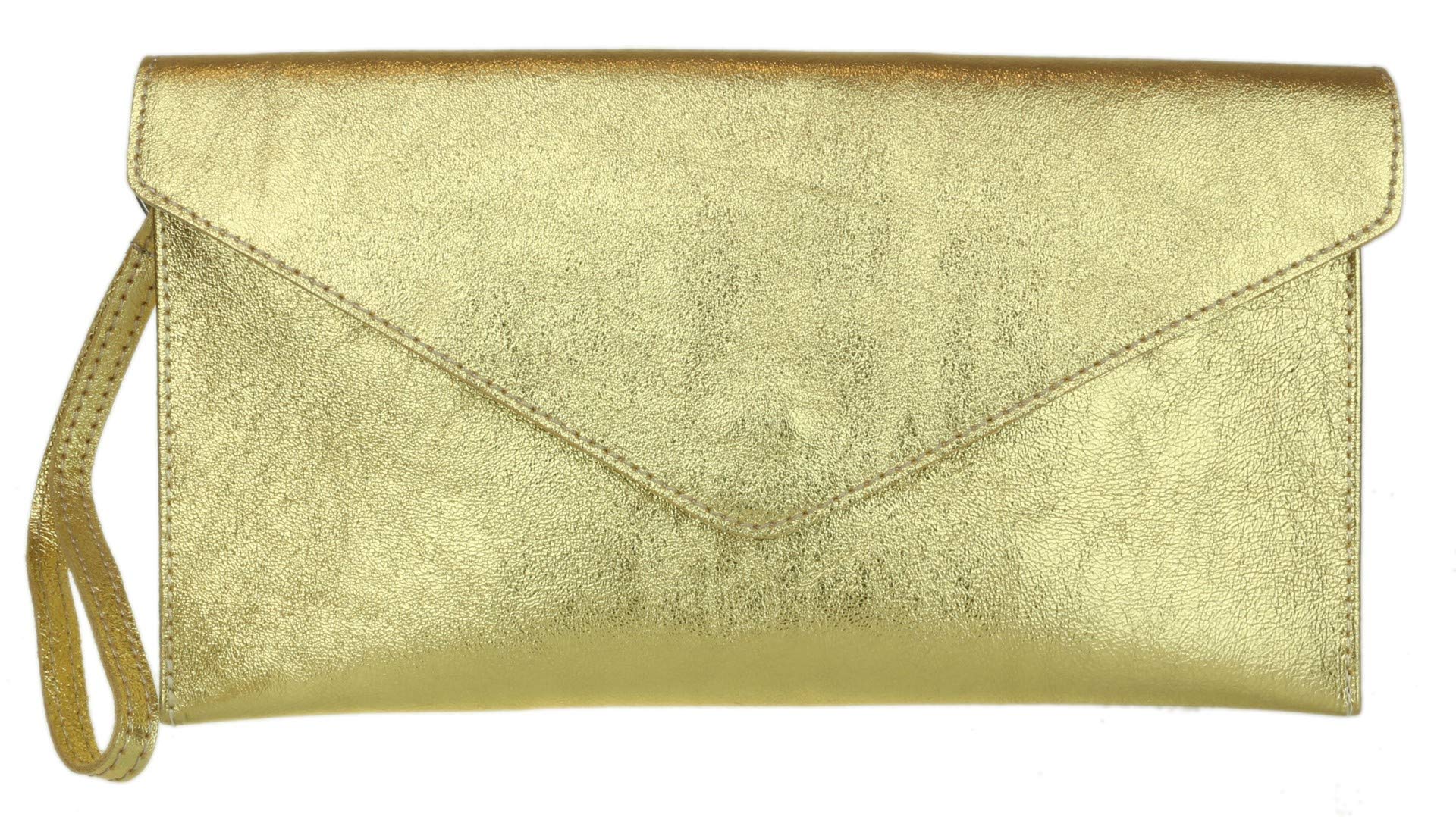 Girly Handbags Womens Genuine Leather Italian Metallic Shimmer Envelope Wrist Clutch Bag - Gold