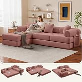 107" Modular Sectional Sofa Bed, L-Shape Corduroy Boneless Couch, Pink | Sleeper Futon Sofa Bed, Boneless Couches for Living Room, Modular Couch with Storage, Pull Out Couch, No Assembly Required