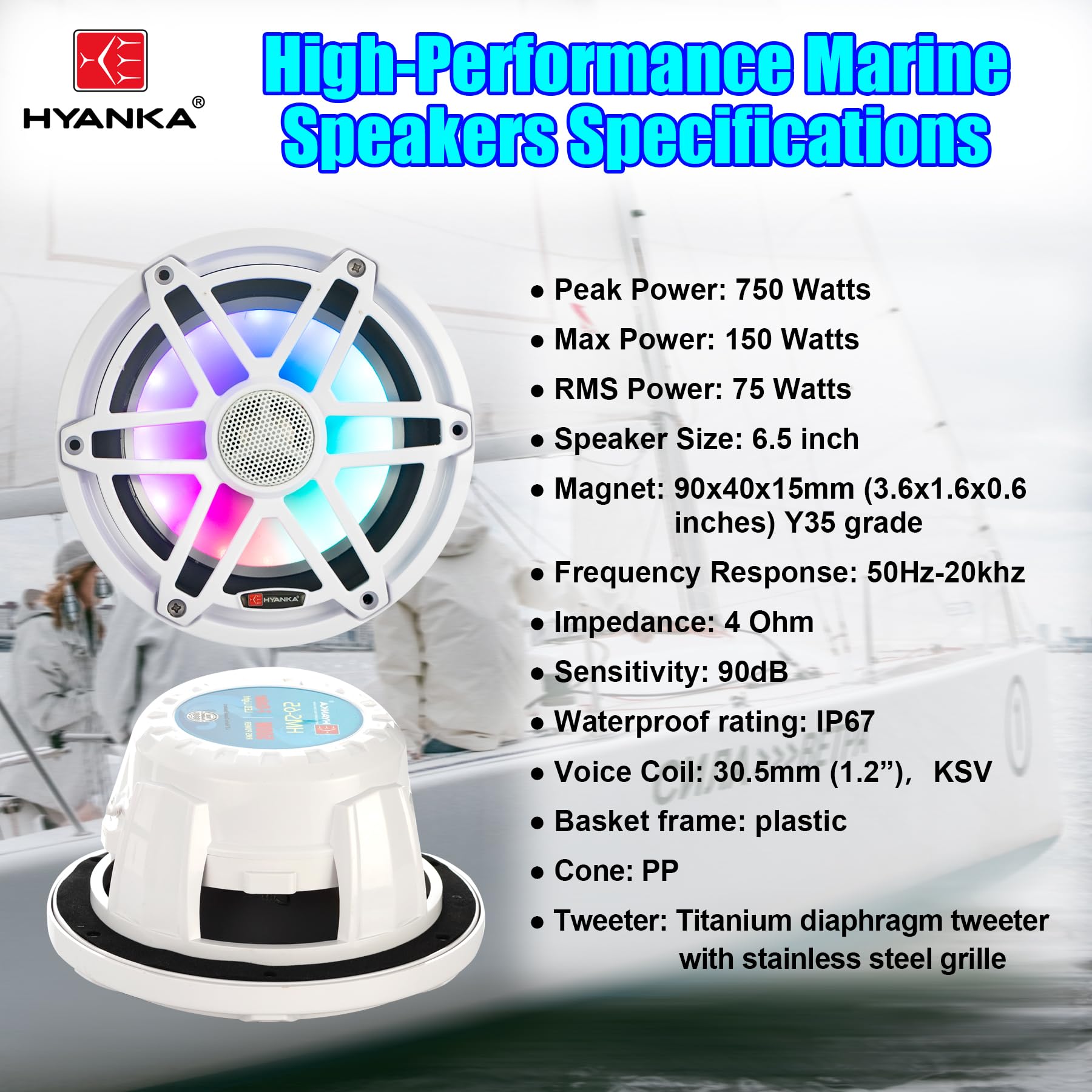 H YANKA HMS-65 6.5 Marine Speakers - 750W 2-Way IP67 Waterproof Boat Stereo System with LED Lights, High-Fidelity Coaxial Speakers, Y35 Magnet Woofer, UV & Salt Spray Resistant - 1 Pair (White)