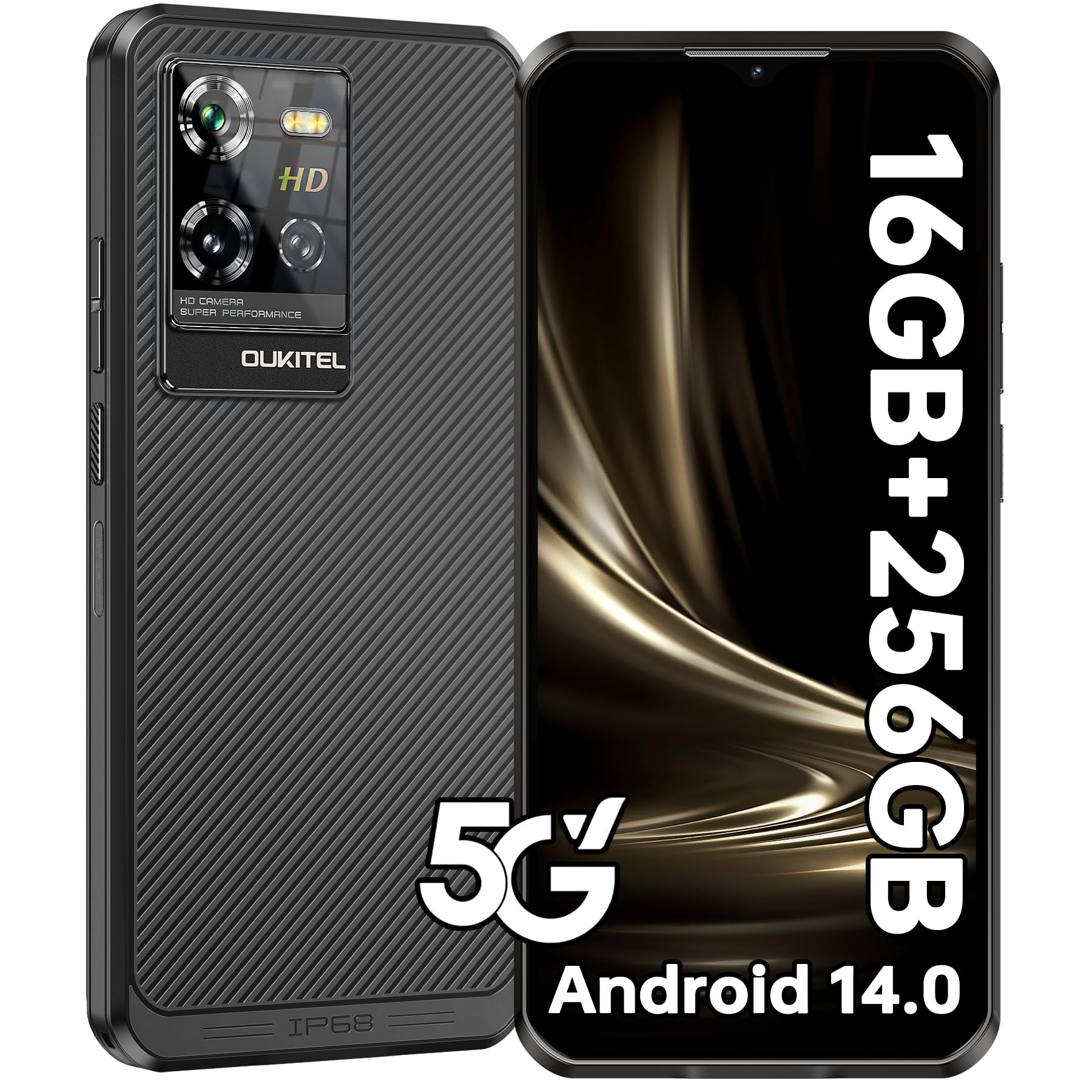 OUKITEL WP50 Rugged Smartphone 5G - 16GB RAM + 256GB ROM, 6.6 Inch Display Mobile Phones, 48MP + 8MP Camera, 6500mAh Battery Android 14 Phone Unlocked, 5G Dual SIM/IP68/IP69K Rugged Phone/NFC/GPS