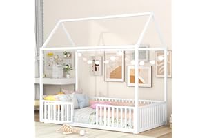 BELLEMAVE Montessori Bed Frame with Door and High Fence, Montessori Floor Bed Twin Size, House Floor Bed/Twin Floor Bed for Kids, Girls, Boys, Twin Size Montessori Bed White